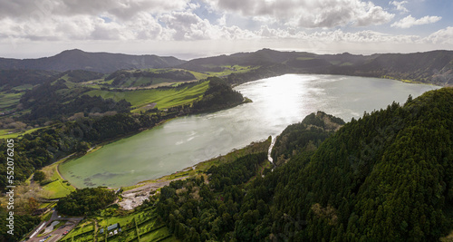 Crater lake Furnas on Sao Miguel Island  the largest volcanic island in the Portuguese archipelago of the Azores