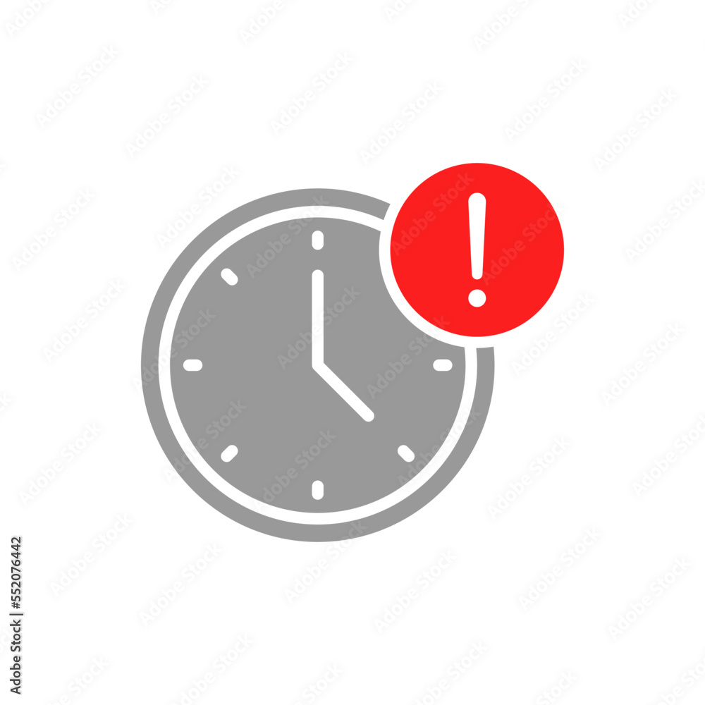 Clock with an exclamation mark. Time error notification. Delay flat icon isolated on white background. Vector illustration Clock with an exclamation mark. Time error notification. Delay flat icon isolated on white background. Vector illustration