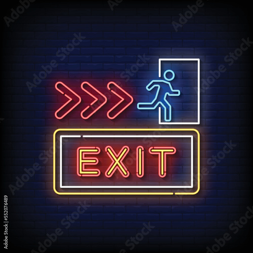 neon sign exit with brick wall background vector illustration
