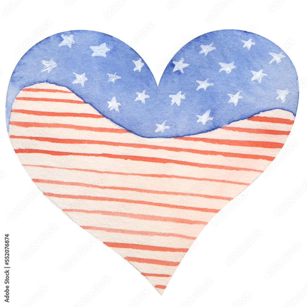 Obraz premium Watercolor usa independence fourth july day flag heart illustration