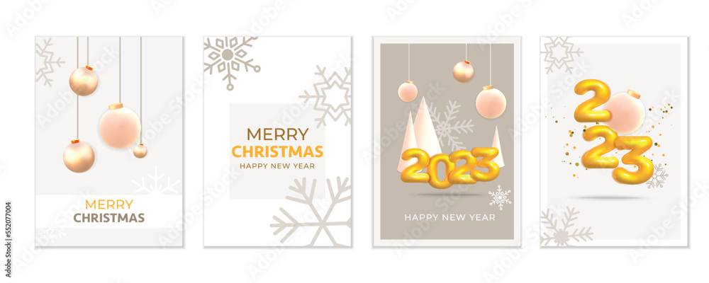 Fototapeta premium Set of gift greeting cards in 3d vector realistic render luxury modern minimal Merry Christmas 2023 with pine conus tree, bauble, gift boxes design
