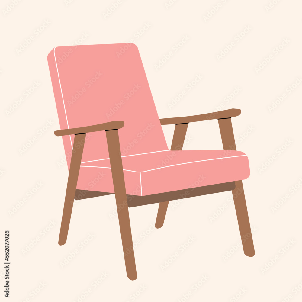 Pink chair on wooden legs in bright flat style. Cartoon vector illustration furniture, trendy interior decor, living room, comfortable home, sticker, icon, isolated on white background Pink chair on wooden legs in bright flat style. Cartoon vector illustration furniture, trendy interior decor, living room, comfortable home, sticker, icon, isolated on white background