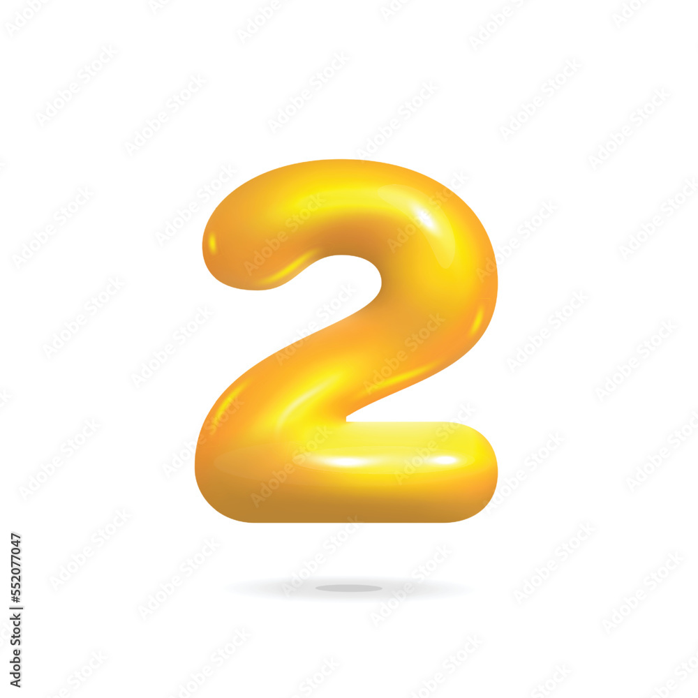 Cartoon render 3d vector foil yellow shiny number 2 two web element design isolated on white background Cartoon render 3d vector foil yellow shiny number 2 two web element design isolated on white background