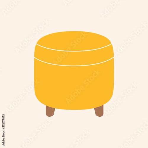 Yellow pouf on legs in bright flat style. Cartoon vector illustration furniture, trendy interior decor, living room, comfortable home, sticker, icon, isolated on white background 