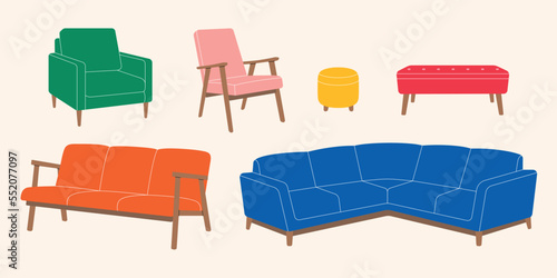 Set of colorful furniture in trendy flat style.  Vector illustrations sofa, armchair, pouf, bench, chair, sectional sofa, trendy interior decor living room, classic vintage bright stylish comfort home