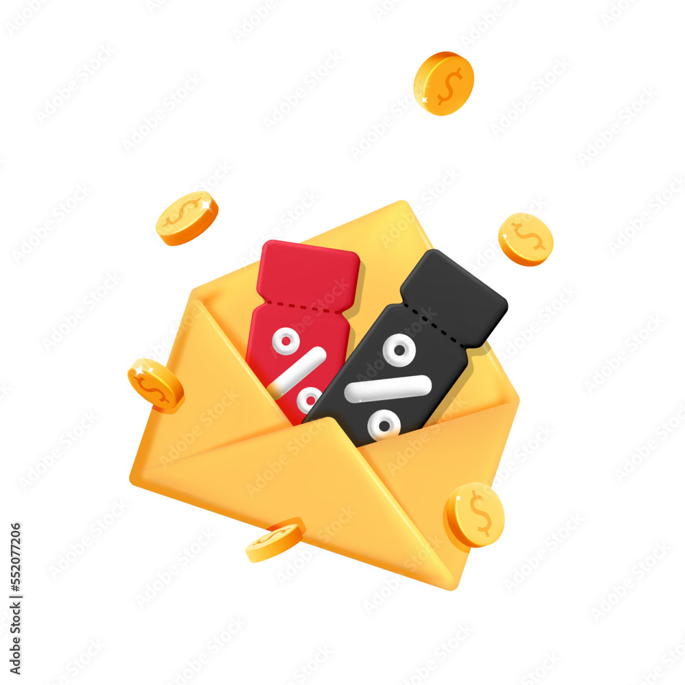 3d vector cartoon render flying gold coins red and black discount voucher sale coupon with percentage symbol inside yellow envelope design banner