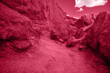 Acrylglasbilder Pantone 2023 Viva Magenta Trendy Color of the year 2023: Viva Magenta toned landform of Altai mountains  © olinchuk