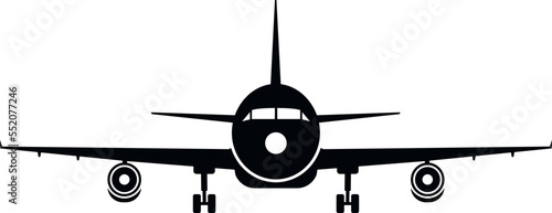 Black airplane silhouette front view. Plane symbol