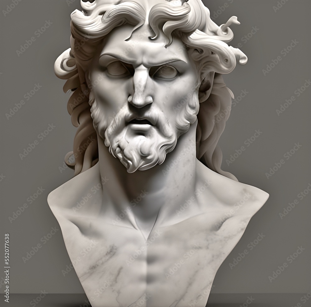 3D illustration featuring a white marble statue bust of a handsome