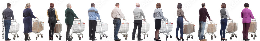 a group of people with a cart stand with their backs isolated a group of people with a cart stand with their backs isolated