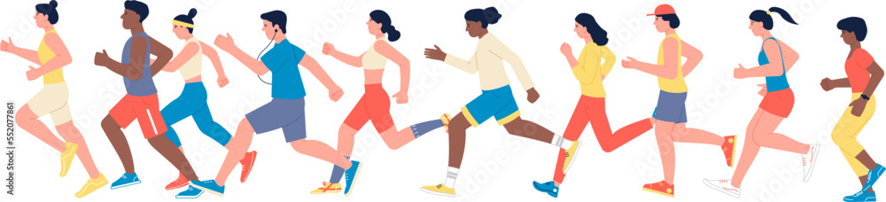 Running people. Marathon athletes. Men and women jogging