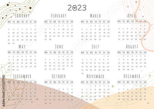 2023 calendar printable, digital downloadable, minimal background, abstract 