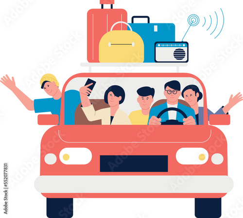 Happy people in car. Trvelling tourist making selfie photo