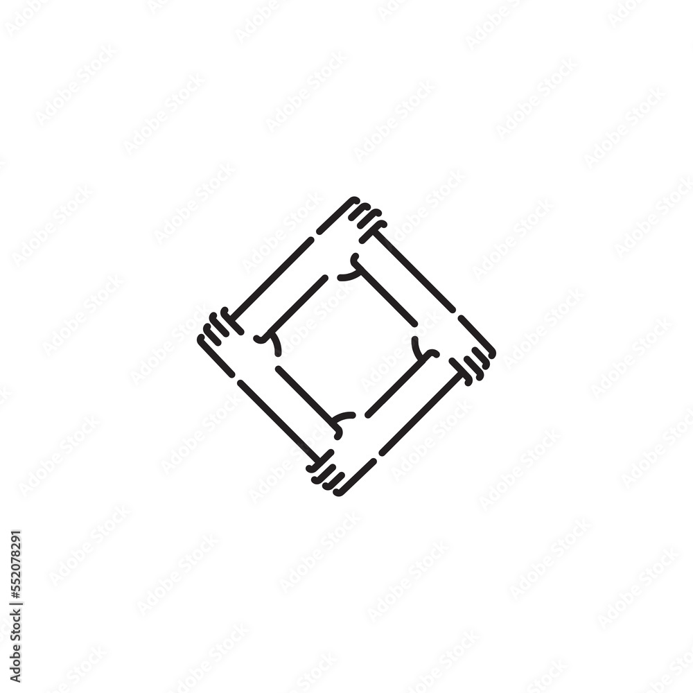 Unity and teamwork logo icon. Togetherness and cooperation concept. Group of four people holding arms vector line art Unity and teamwork logo icon. Togetherness and cooperation concept. Group of four people holding arms vector line art