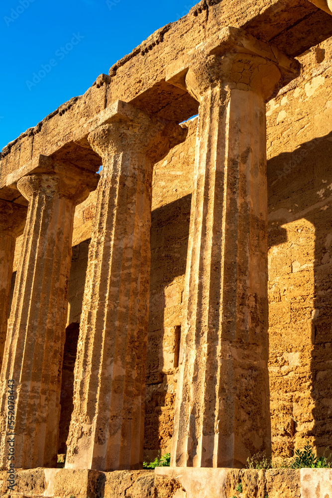Columns of the ancient ruins of the greek temple of Segesta in Sicily, Italy. Vertical view