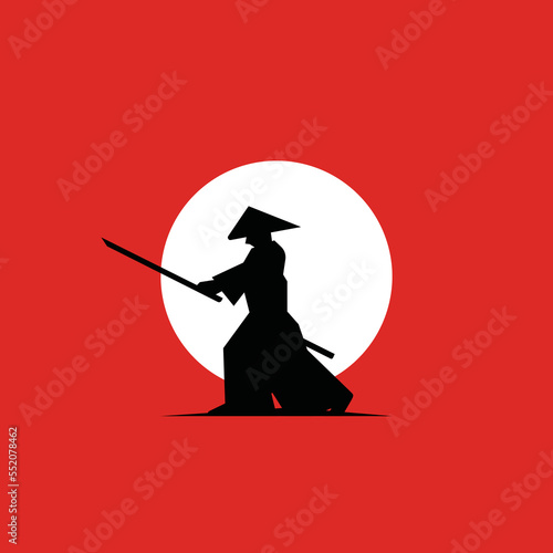 Samurai with sun background logo vector illustration