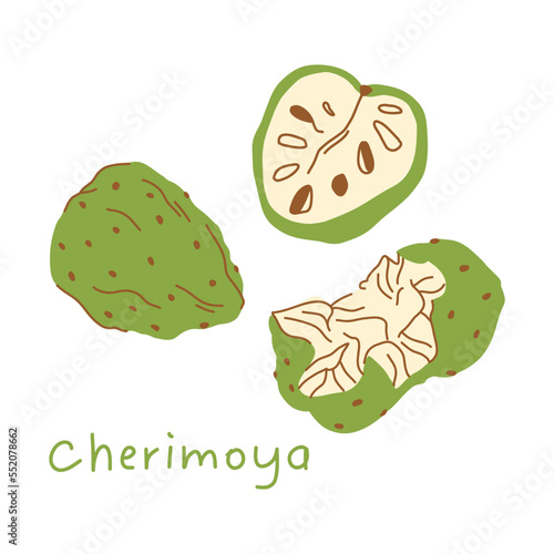 Illustration of cherimoya fruit in flat style. whole fruit, half fruit and torn fruit, with pits. photo