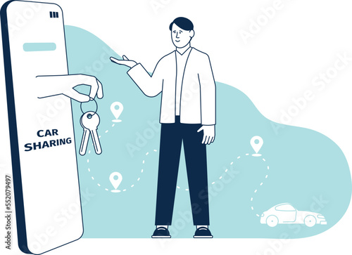 Car sharing app concept. Smartphone screen with car keys