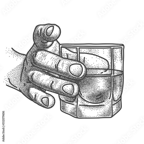 Whiskey glass in man hand. Sketch. Shot of rum, cognac, time to drink concept. Vector illustration for label, poster, invitation to party.