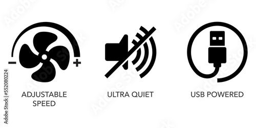 Adjustable speed, ultra quiet, USB powered icons