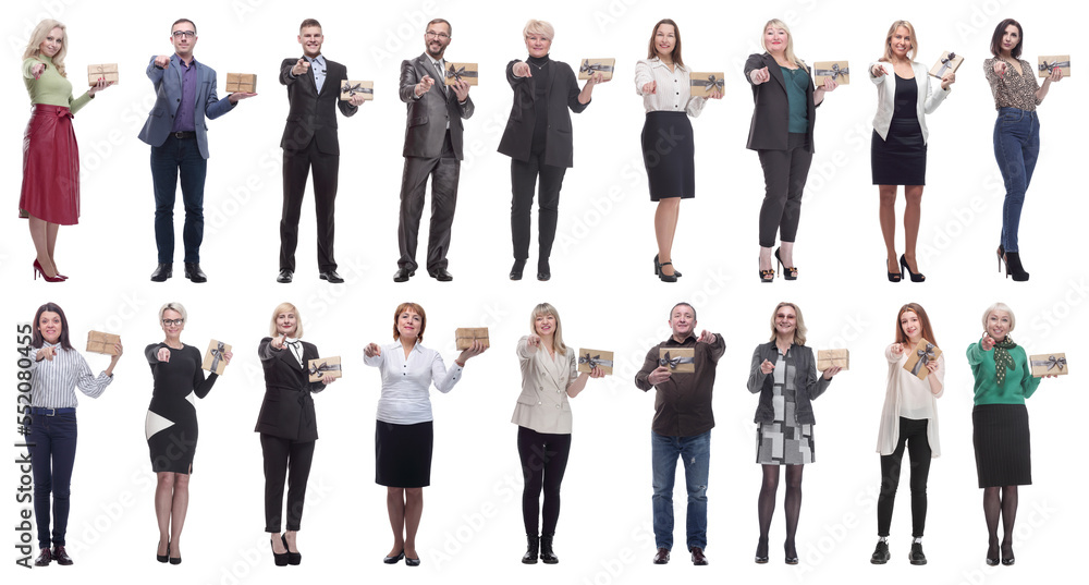 group of happy people with gifts in their hands isolated