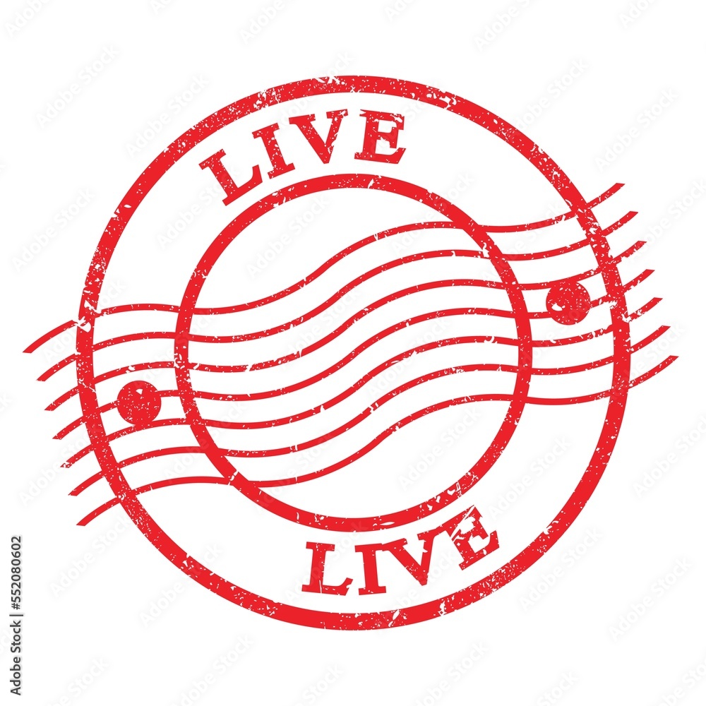 LIVE, text written on red postal stamp. LIVE, text written on red postal stamp.