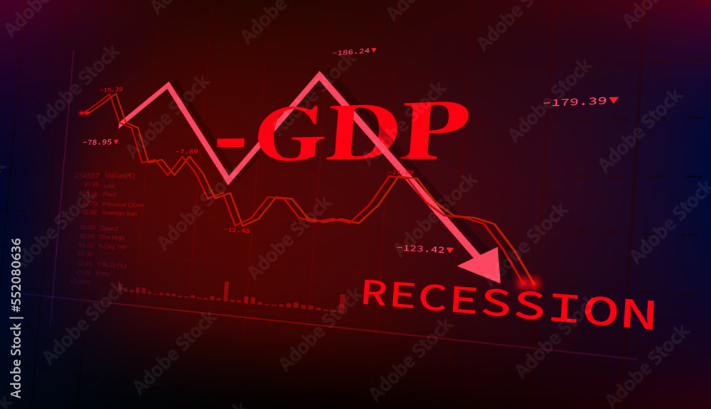 Negative gross domestic product or GDP for more than 2 months causing recession in 2023. Graph and stock market slump showing global economic crisis in 2023. Effects of inflation, war, pandemic.EPS 10