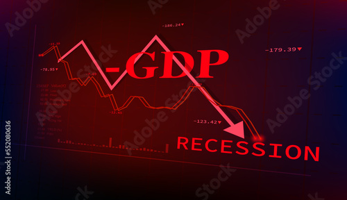 Negative gross domestic product or GDP for more than 2 months causing recession in 2023. Graph and stock market slump showing global economic crisis in 2023. Effects of inflation, war, pandemic.EPS 10