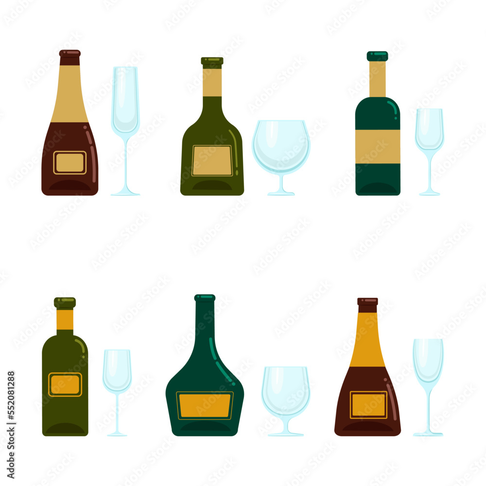 A set of bottles with alcohol and various glasses. Vector objects in flat style, isolated. Alcoholic drinks and crystal glasses. A set of bottles with alcohol and various glasses. Vector objects in flat style, isolated. Alcoholic drinks and crystal glasses.