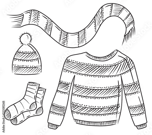Collection of winter knitted unisex clothes: striped sweater, scarf, hat, socks in black isolated onwhite background. Hand drawn vector sketch illustrations in simple doodle engraved line style.