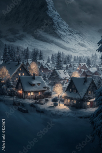 Illustration of Swiss Alps village with Christmas lights at winter night with mountains at the background. AI generated © bzzup