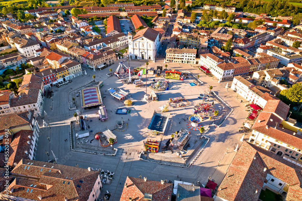 Town of Palmanova central hexagonal square and fun park aerial view