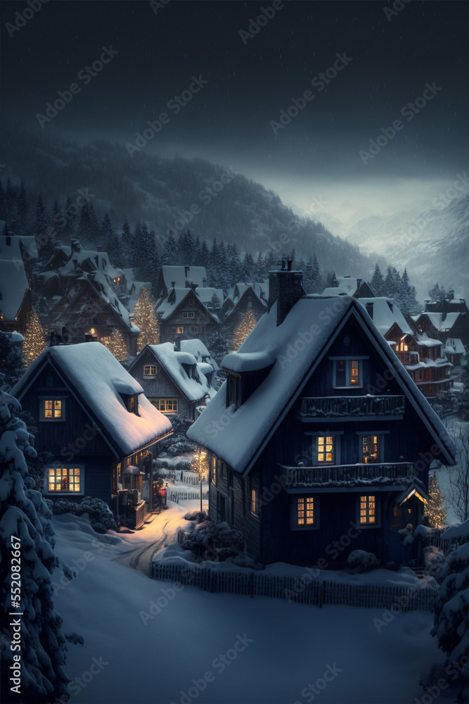 Fototapeta premium Illustration of Swiss Alps village with Christmas lights at winter night with mountains at the background. AI generated