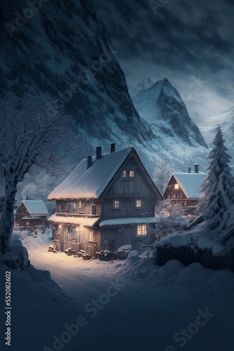 Illustration of Swiss Alps village with Christmas lights at winter night with mountains at the background. AI generated © bzzup