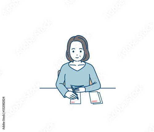 年賀状や葉書を書く中年の女性のイラスト