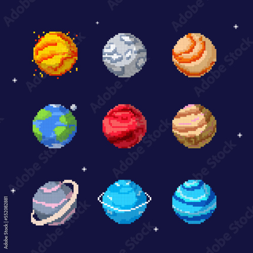 Pixel planets vector set. Solar system planets: Mercury, Venus, Earth, Mars, Jupiter, Saturn, Uranus, Neptune, Pluto. Pixel art style vector illustration.