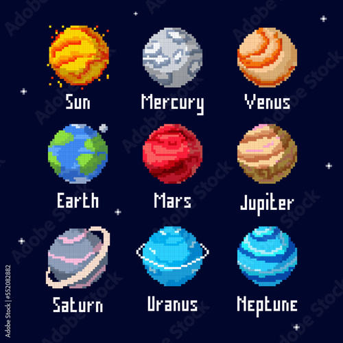 Pixel planets vector set. Solar system planets: Mercury, Venus, Earth, Mars, Jupiter, Saturn, Uranus, Neptune, Pluto. Pixel art style vector illustration.
