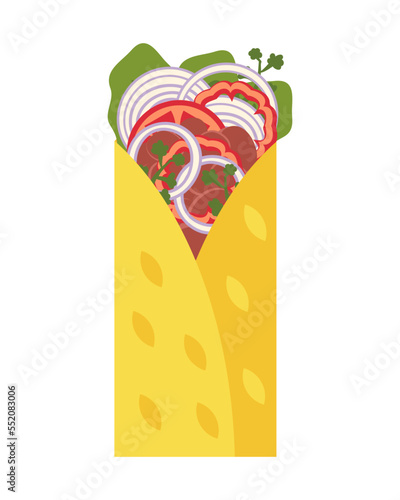 Vegan bean mexican fastfood burrito in flat style. Perfect for tee, stickers, menu and stationery. Isolated vector illustration for decor and design.