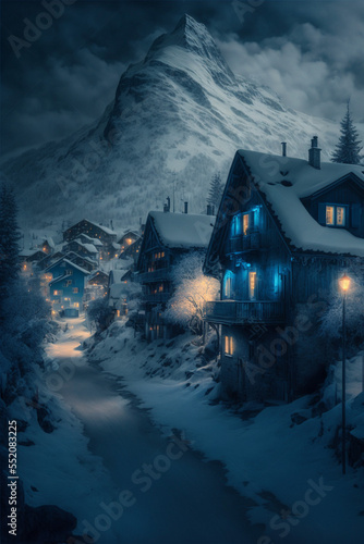 Illustration of Swiss Alps village with Christmas lights at winter night with mountains at the background. AI generated