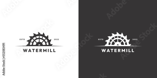 Photo Retro vintage millwheel watermill logo vector design template, mill and water il
