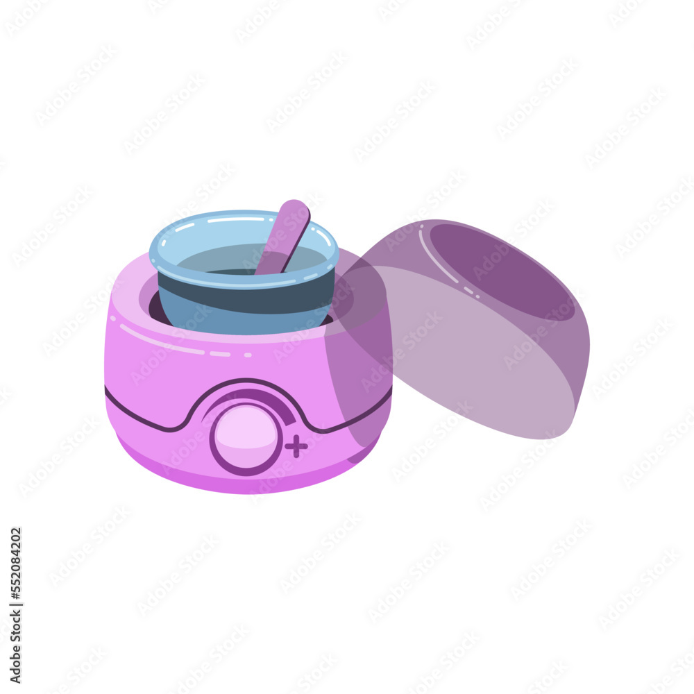 Professional wax warmer cartoon illustration. Cartoon drawing of wax heater, waxing kit, leg hair removal equipment isolated on white background. Cosmetology, depilation, hygiene, beauty concept