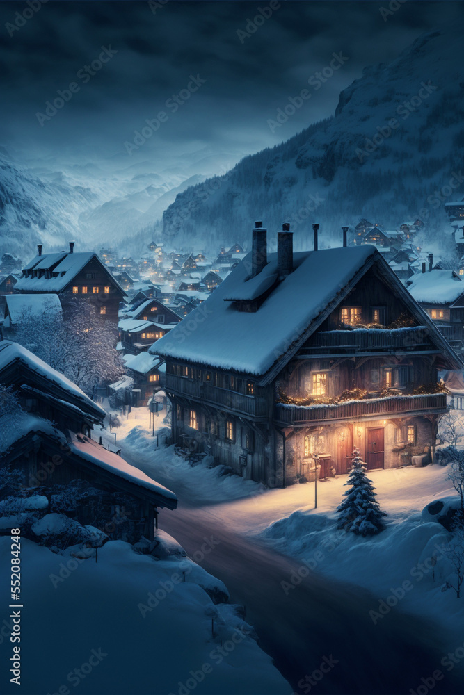 Illustration of Swiss Alps village with Christmas lights at winter night with mountains at the background. AI generated Illustration of Swiss Alps village with Christmas lights at winter night with mountains at the background. AI generated