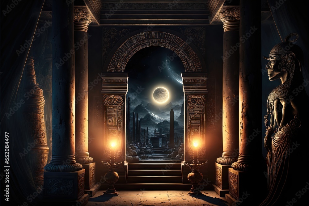 ภาพประกอบสต็อก Black room interior in ancient Egyptian style, gold decor, fantasy interior