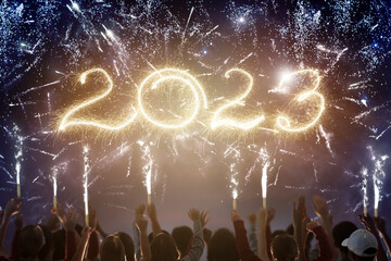 Happy new year. Crowd watching fireworks.