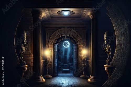 Black room interior in ancient Egyptian style  gold decor  fantasy interior. Ancient Egypt  black interior  gold  night lights  shadows. AI
