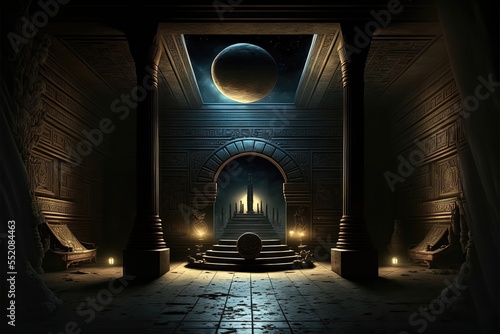 Black room interior in ancient Egyptian style, gold decor, fantasy interior. ...
