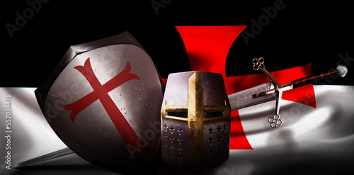 Quadro em tela 3d illustration, knight helmet shield and sword background with Templar flag