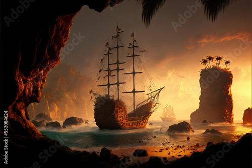 Generative AI : abandoned pirate ships at an old pirate cove  