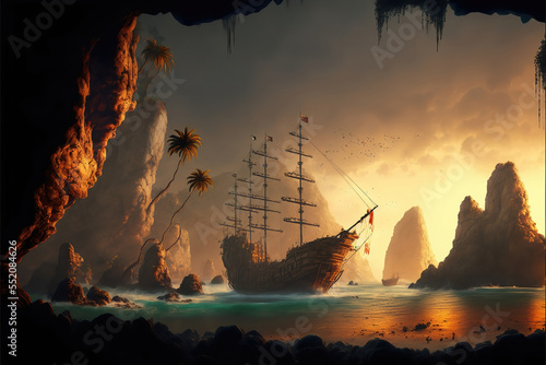 Fotografia Generative AI : abandoned pirate ships at an old pirate cove