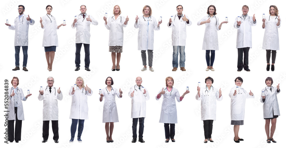 group of doctors holding jar isolated on white